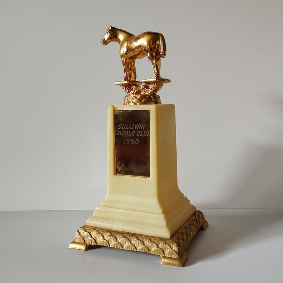 Vintage Trophy Horse on Gold & Ivory Base Sullivan Saddle Club 1960 Dodge Trophy